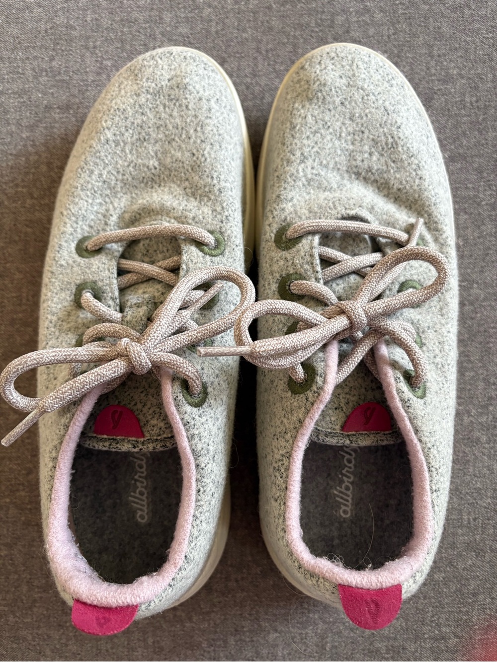 allbirds Women’s Wool Sneakers in Light Gray with Pink Tabs